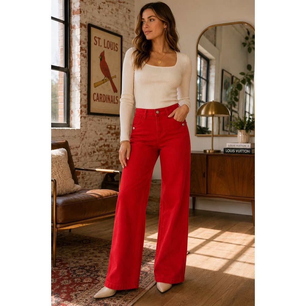 Women's 2 Holiday Red Wide Leg High Rise Trouser Pants Stretch Feminine